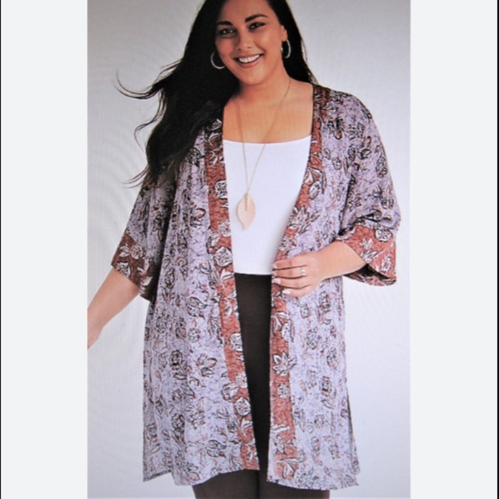 Maurices Floral Kimono Long Length Purple Brown Border Print Size 0X - Picture 2 of 15